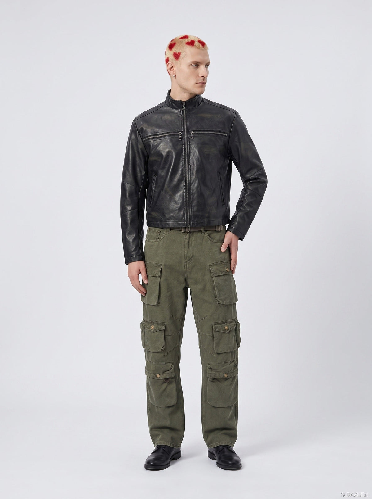 DAXUEN black leather-look jacket with zippered details — model photo