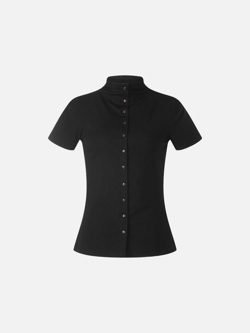 Sleek Mock Neck Buttoned Top - Black / S