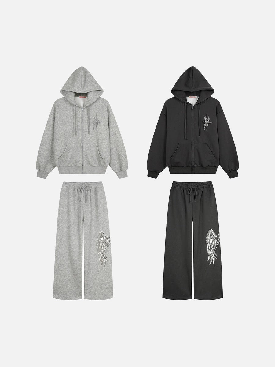 DAXUEN heather grey oversized sequined wing hoodie and sweatpants set
