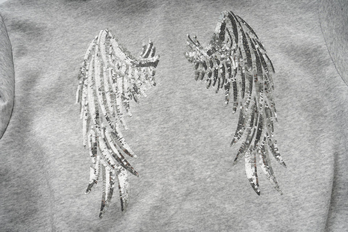 DAXUEN heather grey oversized sequined wing hoodie and sweatpants set