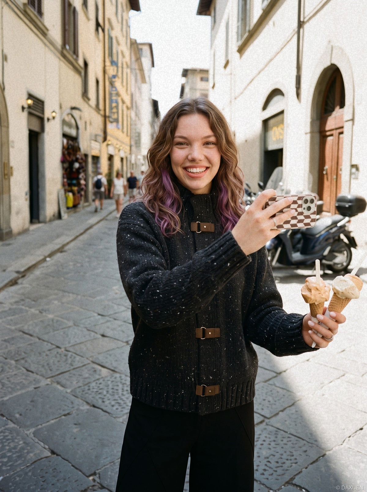 DAXUEN speckled knit cardigan with toggle closure — model photo