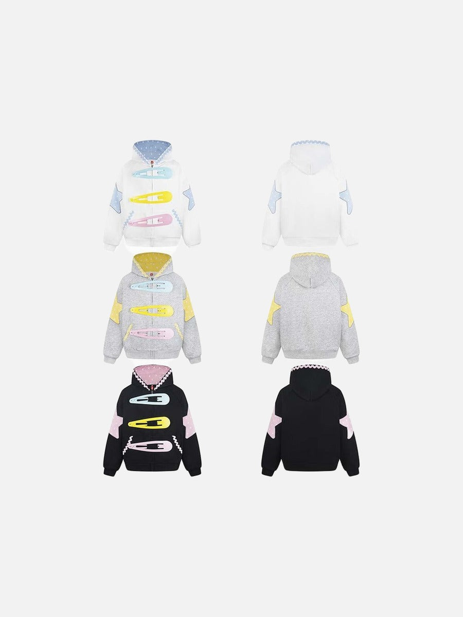 Star Appliqué Color-Block Zip Hoodie