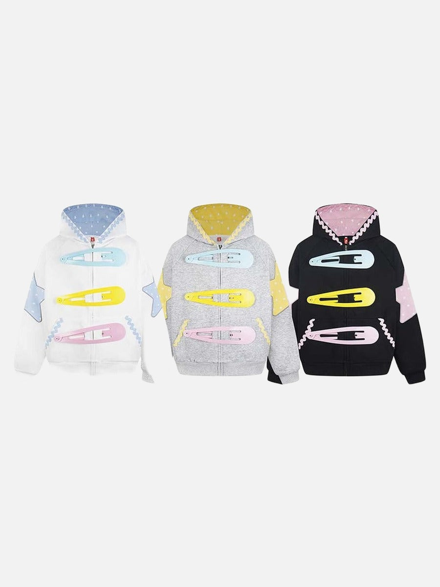 Star Appliqué Color-Block Zip Hoodie