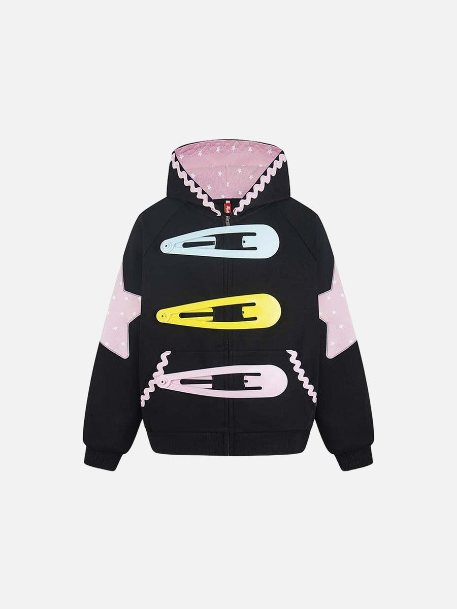 Star Appliqué Color-Block Zip Hoodie