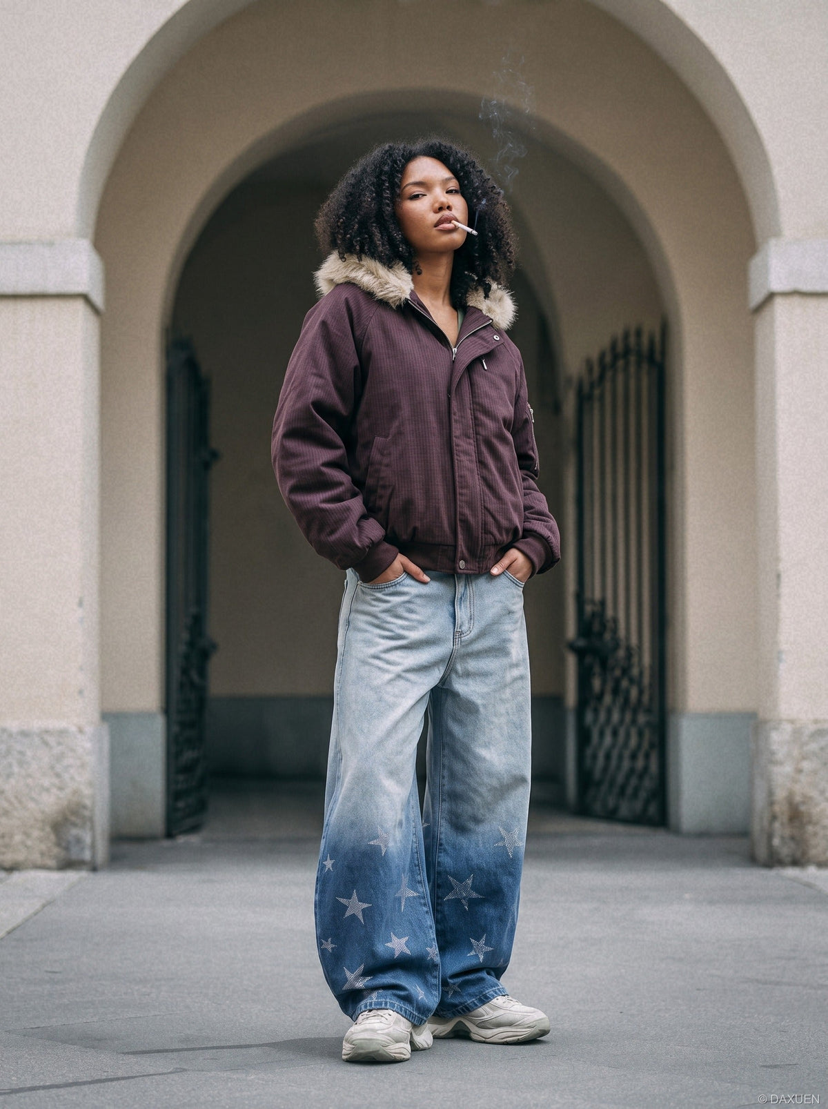 Star-Graphic Balloon Leg Denim Jeans