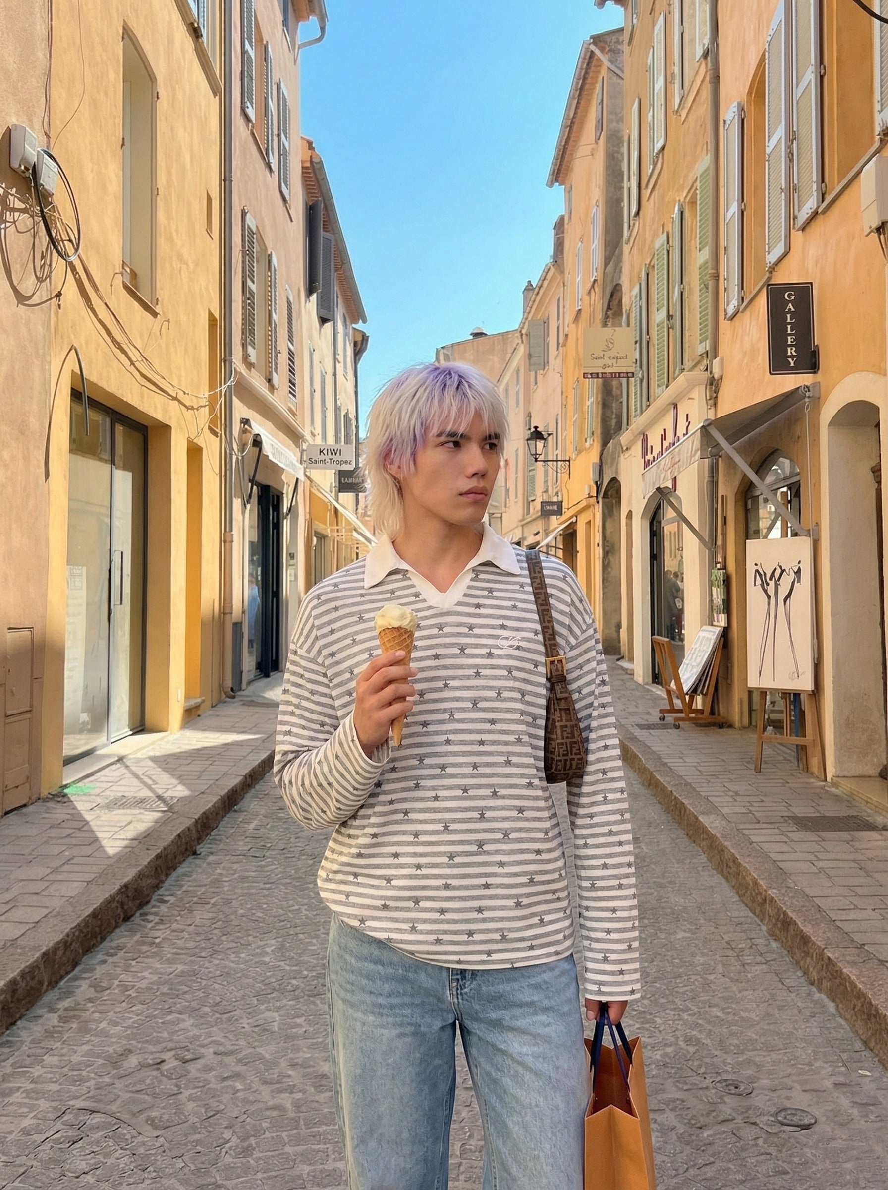 Star Print Striped Long-Sleeve Polo