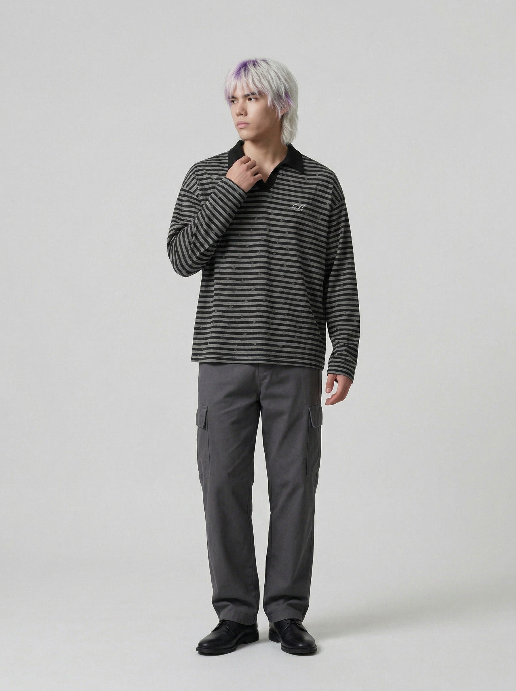Star Print Striped Long-Sleeve Polo