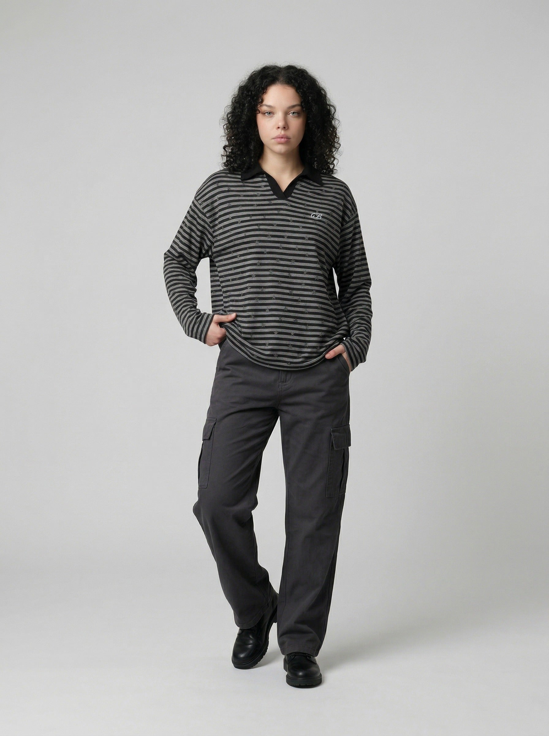 Star Print Striped Long-Sleeve Polo