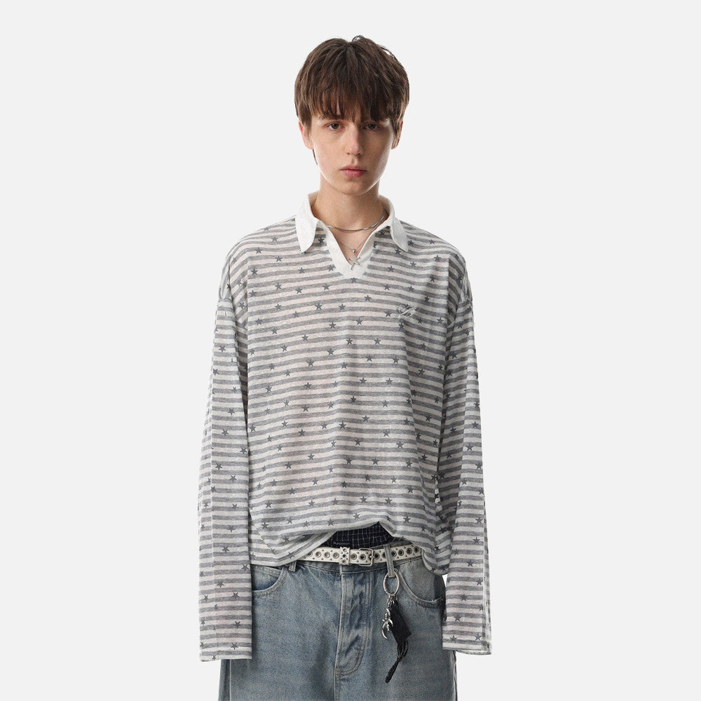 Star Print Striped Long-Sleeve Polo