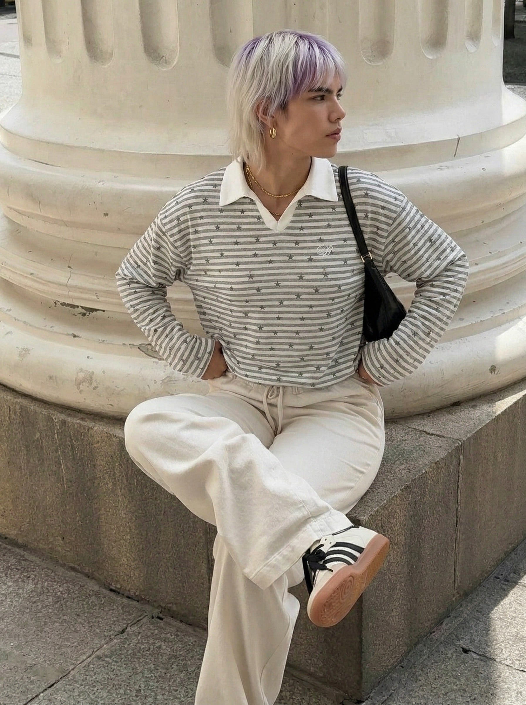 Star Print Striped Long-Sleeve Polo