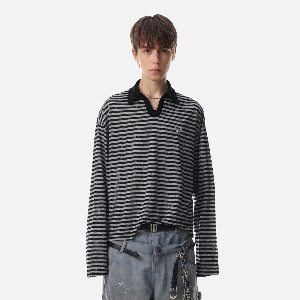 Star Print Striped Long-Sleeve Polo