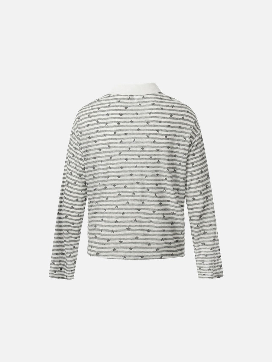 Star Print Striped Long-Sleeve Polo