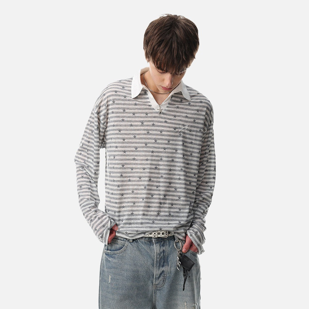 Star Print Striped Long-Sleeve Polo