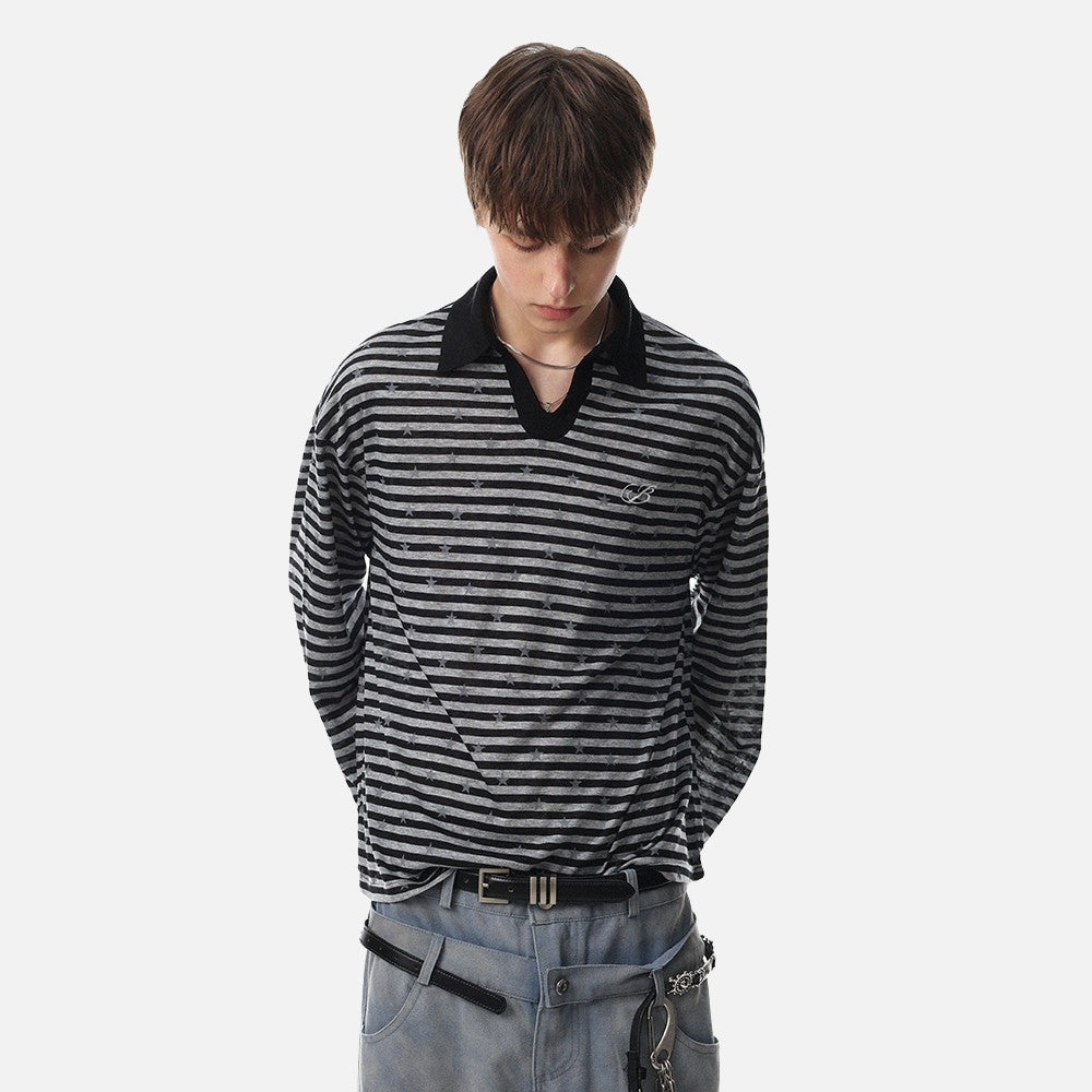 Star Print Striped Long-Sleeve Polo