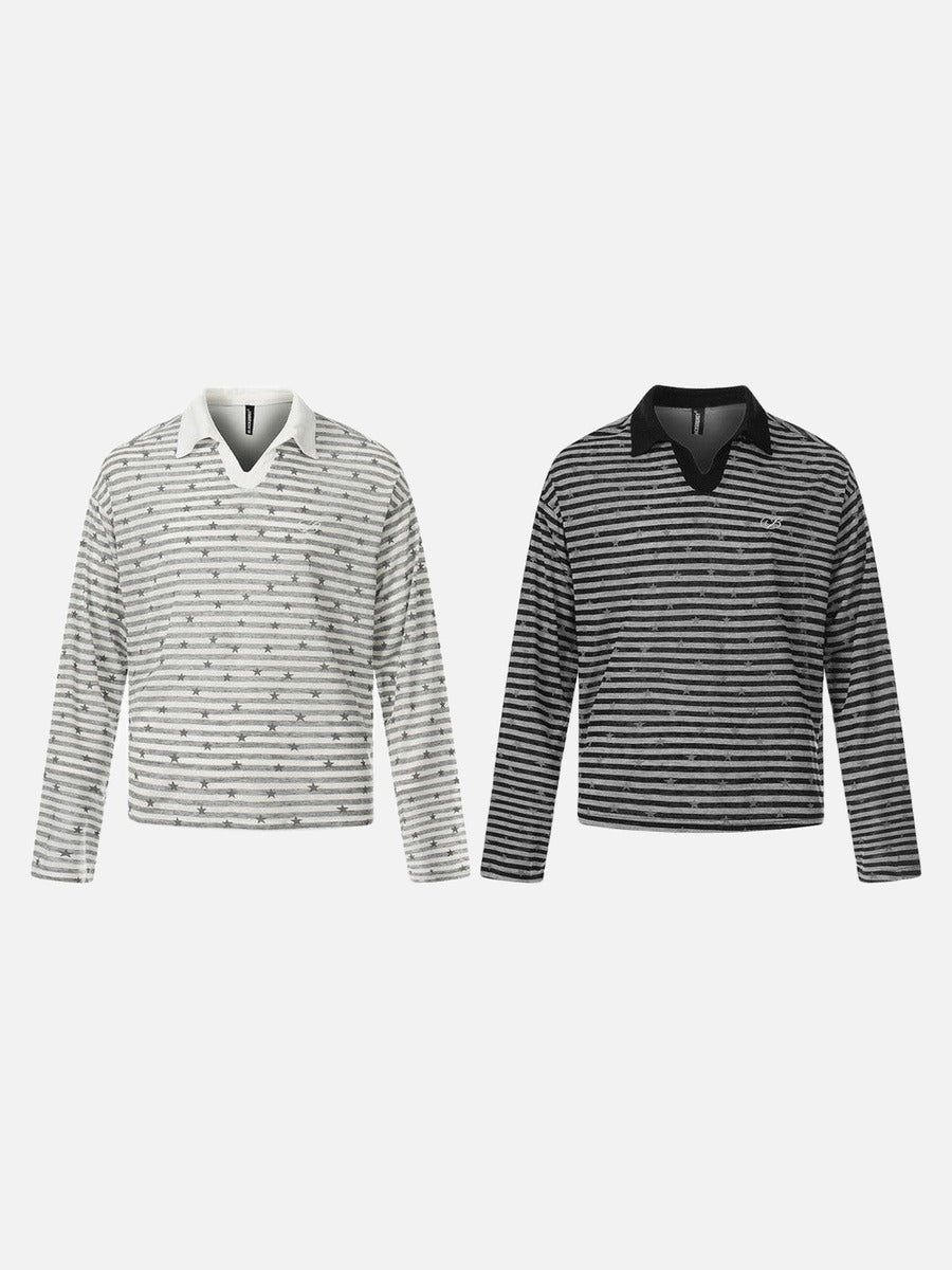 Star Print Striped Long-Sleeve Polo