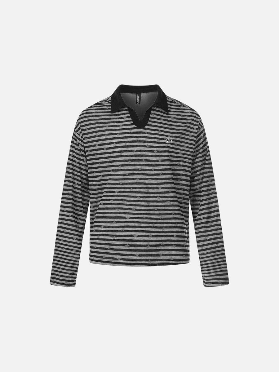 Star Print Striped Long-Sleeve Polo