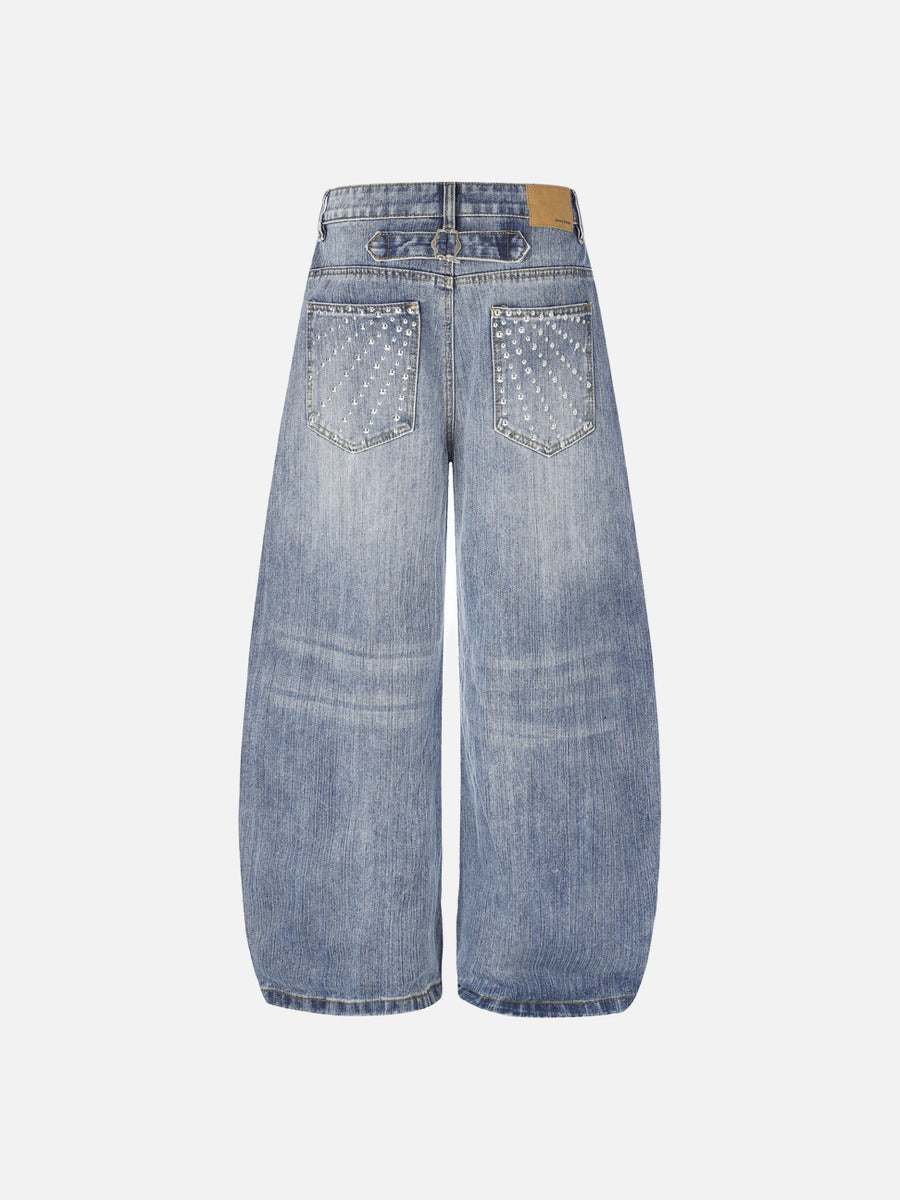 Studded Wide-Leg Light Blue Denim Jeans