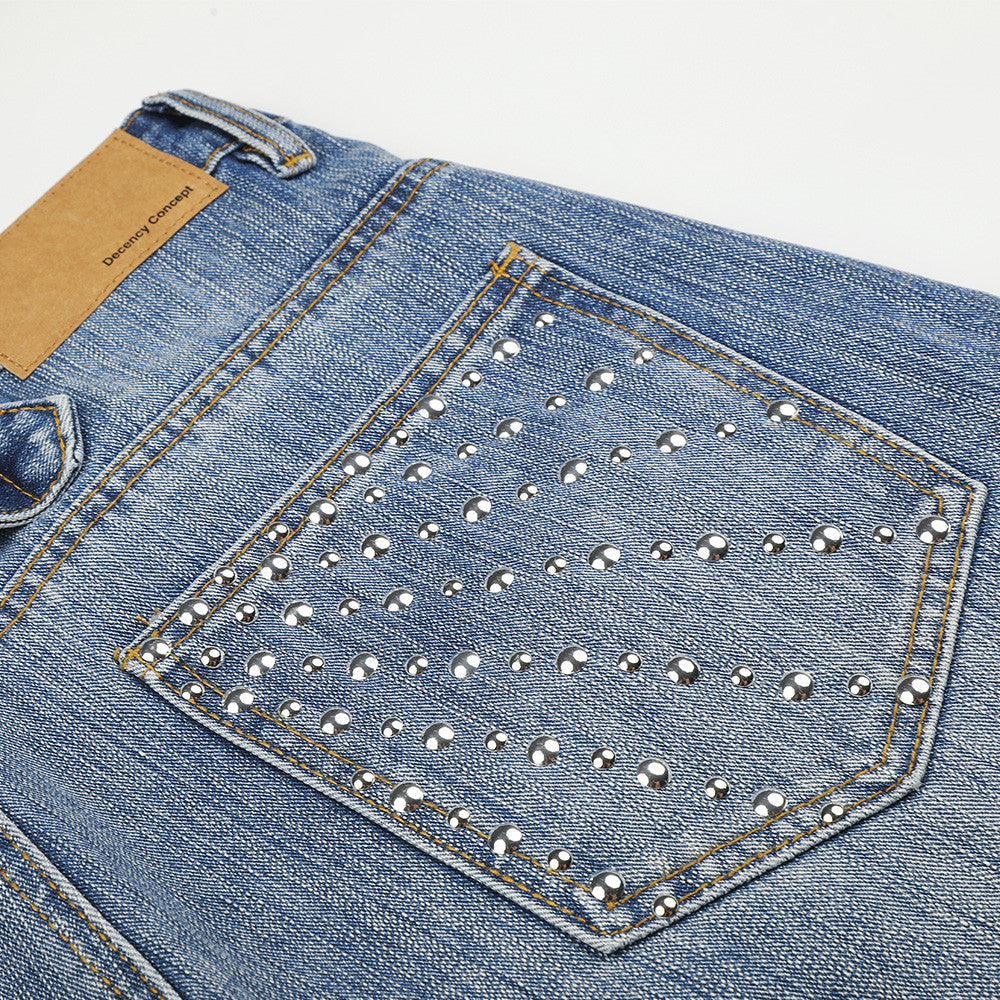 Studded Wide-Leg Light Blue Denim Jeans