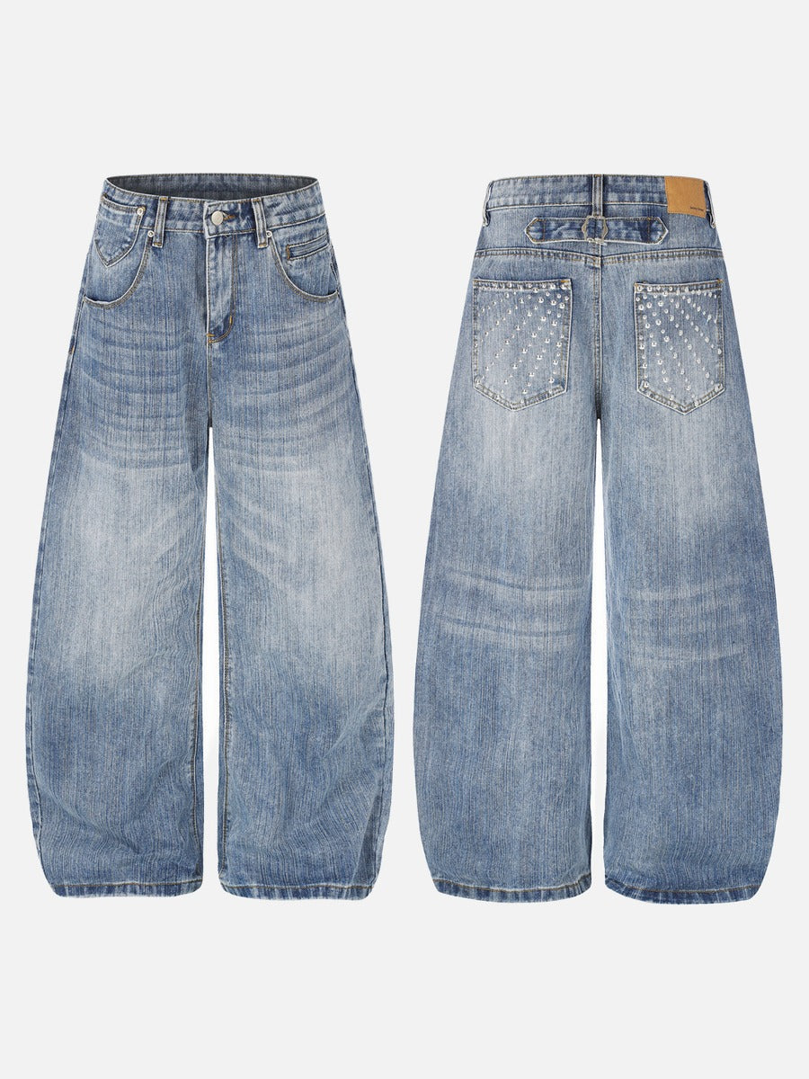 Studded Wide-Leg Light Blue Denim Jeans
