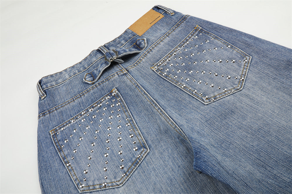 Studded Wide-Leg Light Blue Denim Jeans