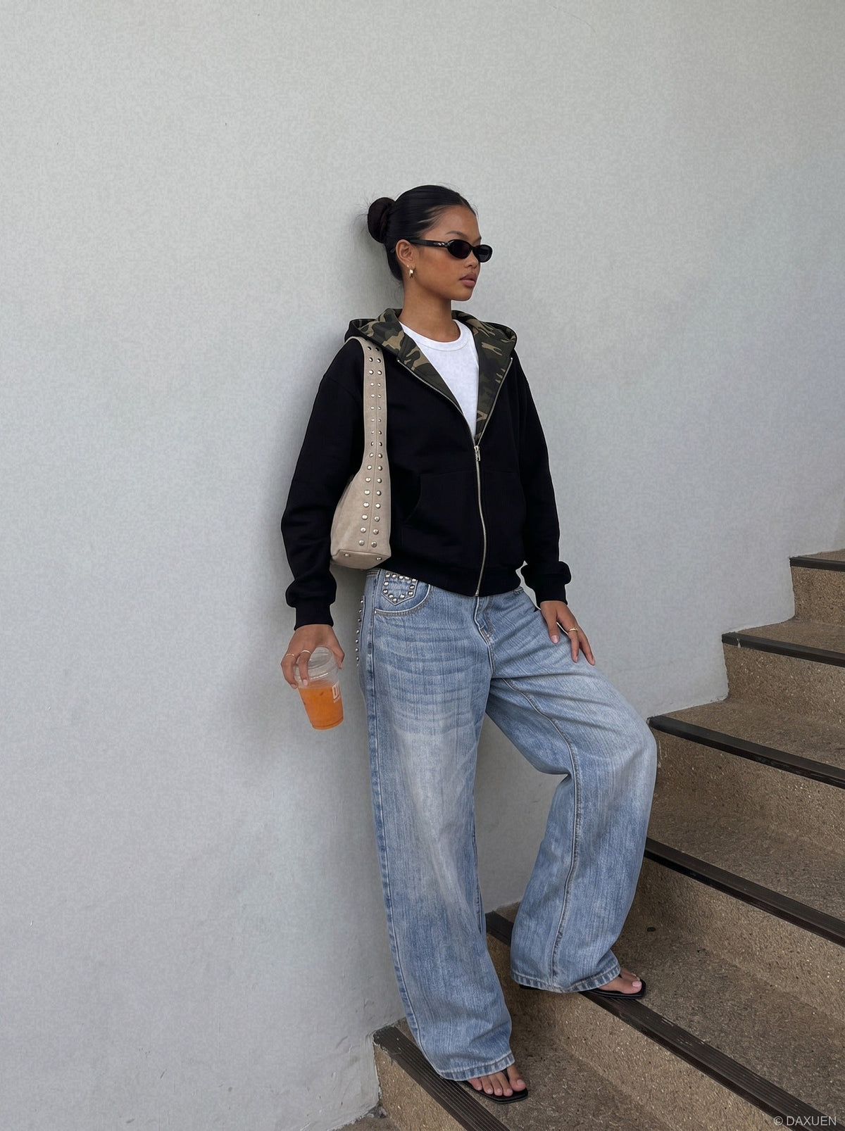 Studded Wide-Leg Light Blue Denim Jeans