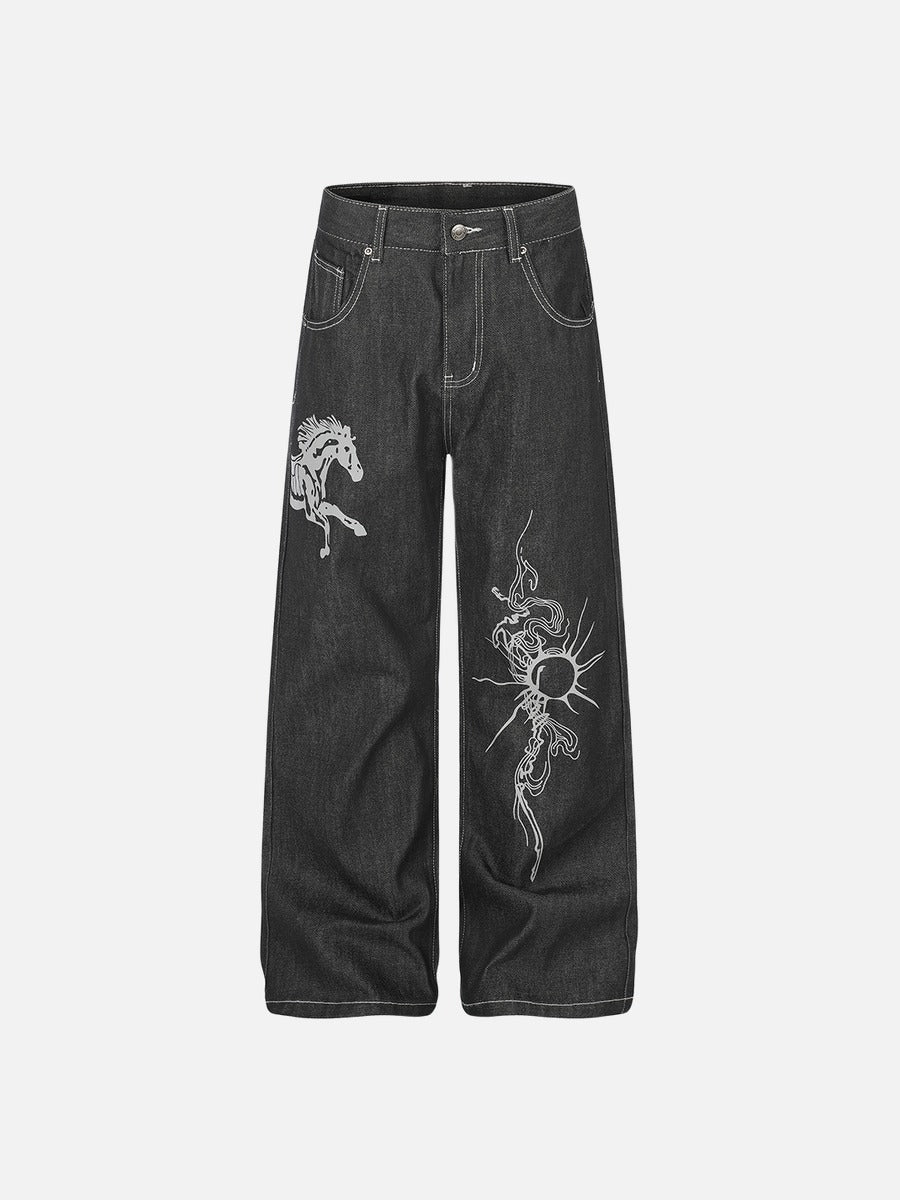 DAXUEN dark wash wide-leg jeans with white animal graphic