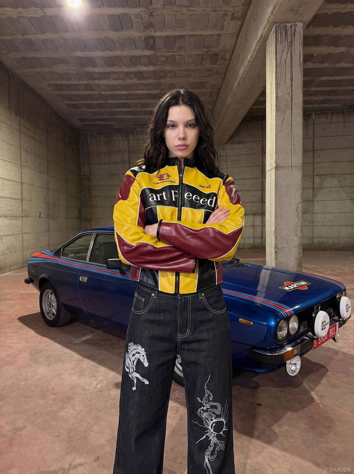 DAXUEN dark wash wide-leg jeans with white animal graphic — model photo