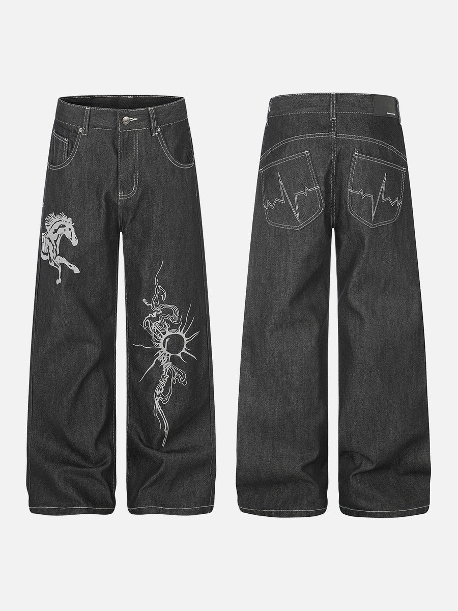 DAXUEN dark wash wide-leg jeans with white animal graphic