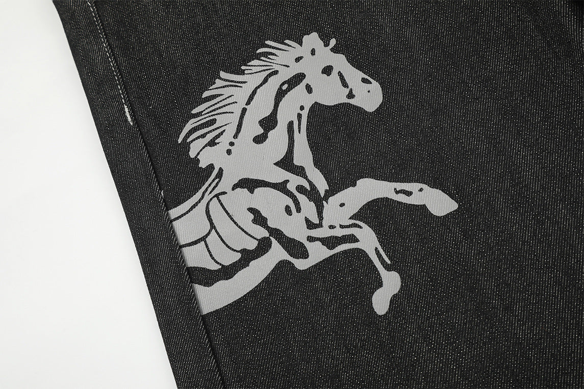 DAXUEN dark wash wide-leg jeans with white animal graphic