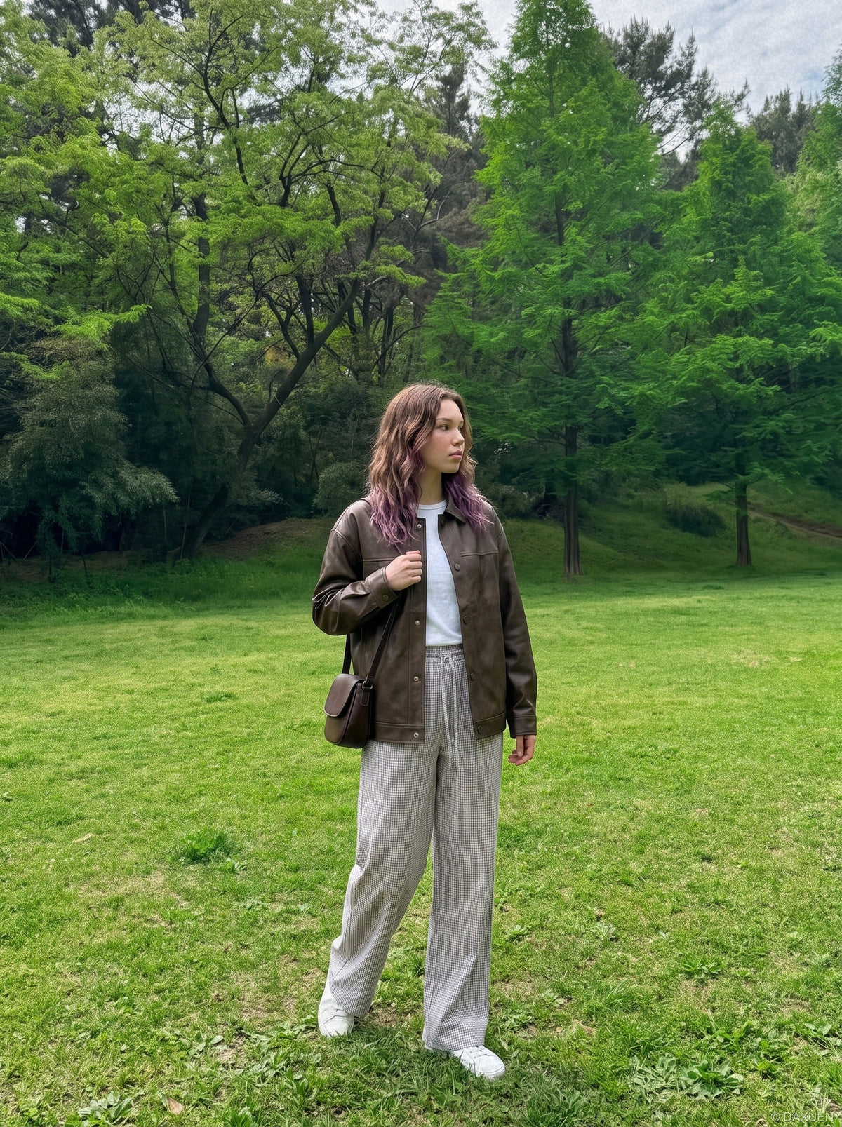 DAXUEN light plaid wide-leg trousers — model photo
