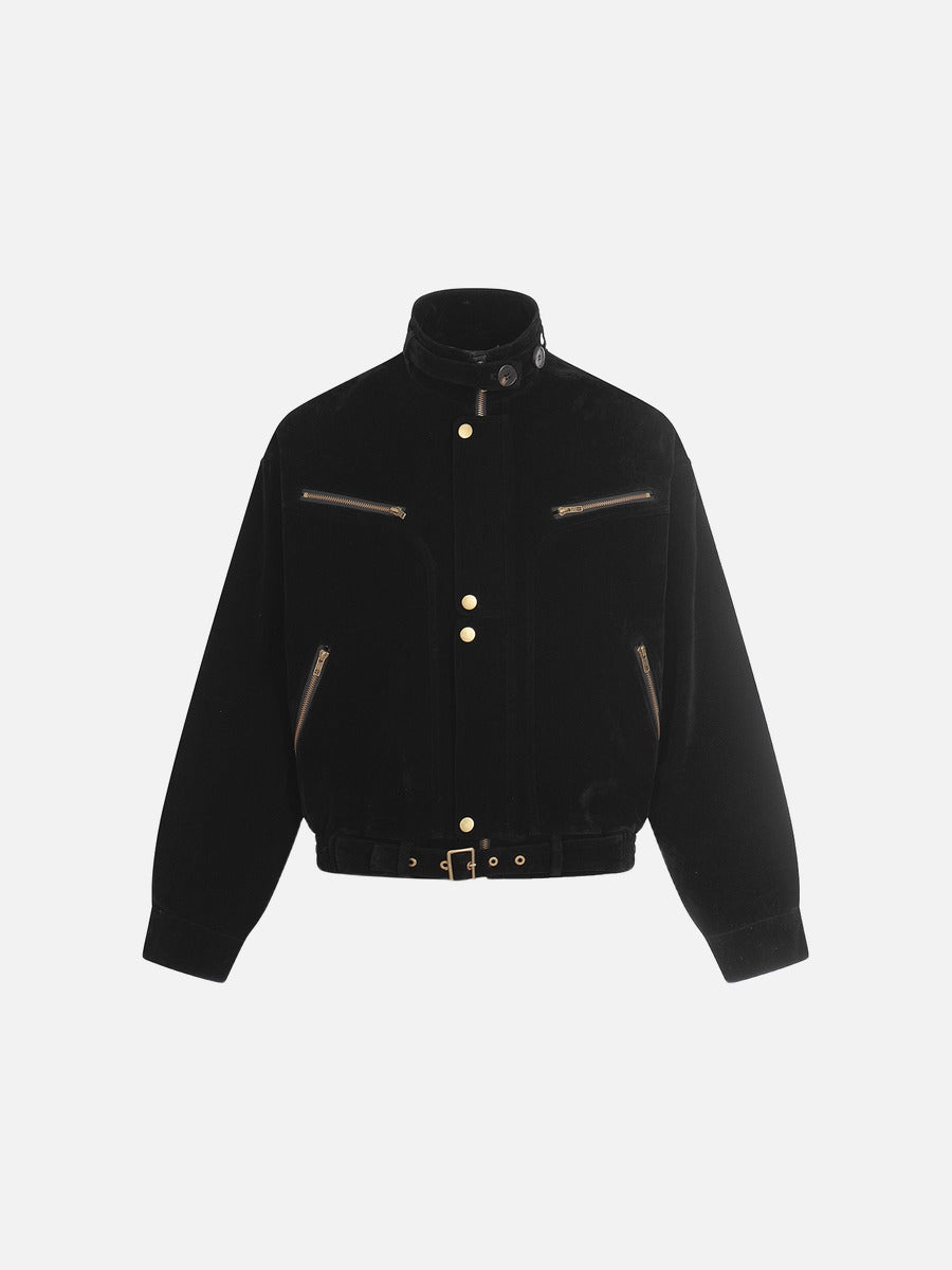 DAXUEN dark brown suede bomber jacket with metallic details