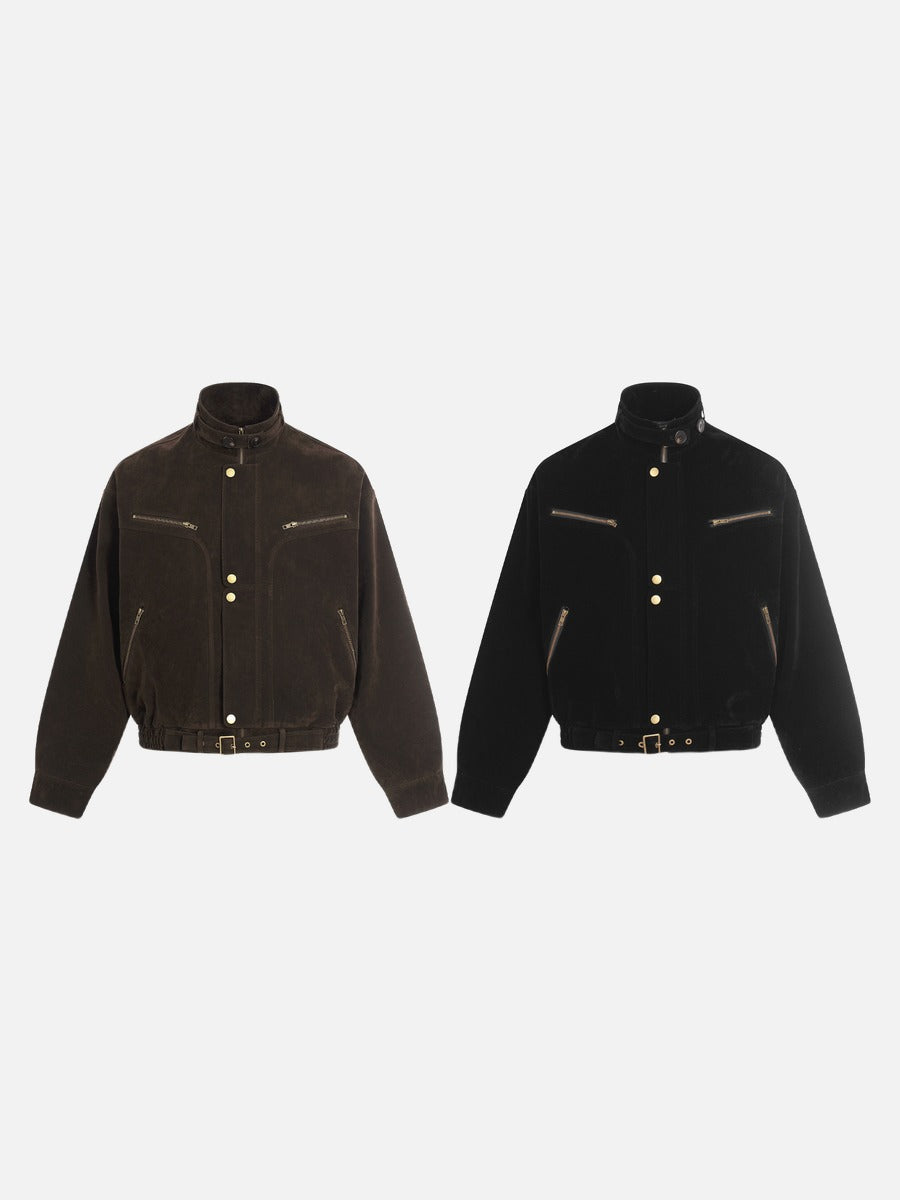 DAXUEN dark brown suede bomber jacket with metallic details