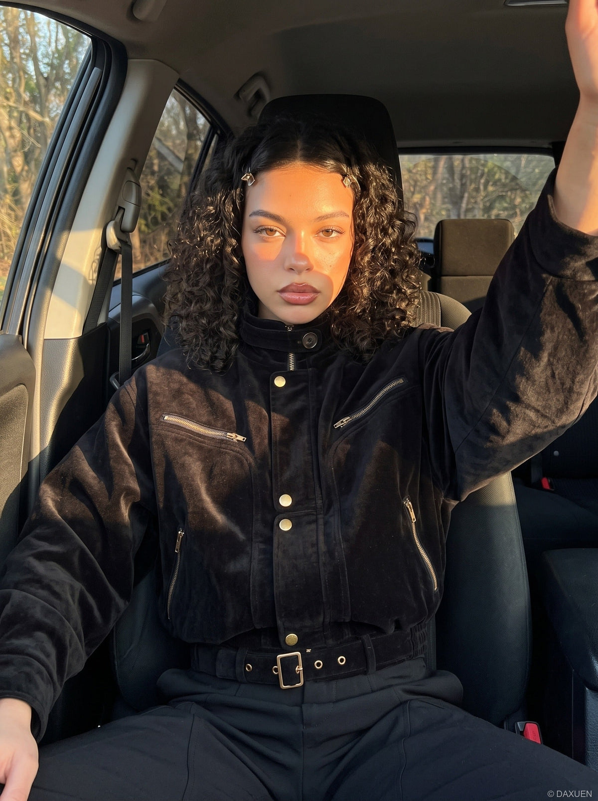 DAXUEN dark brown suede bomber jacket with metallic details — model photo