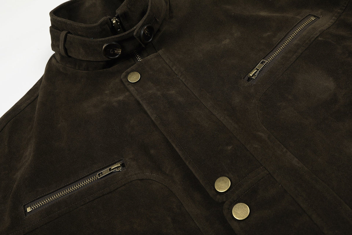 DAXUEN dark brown suede bomber jacket with metallic details