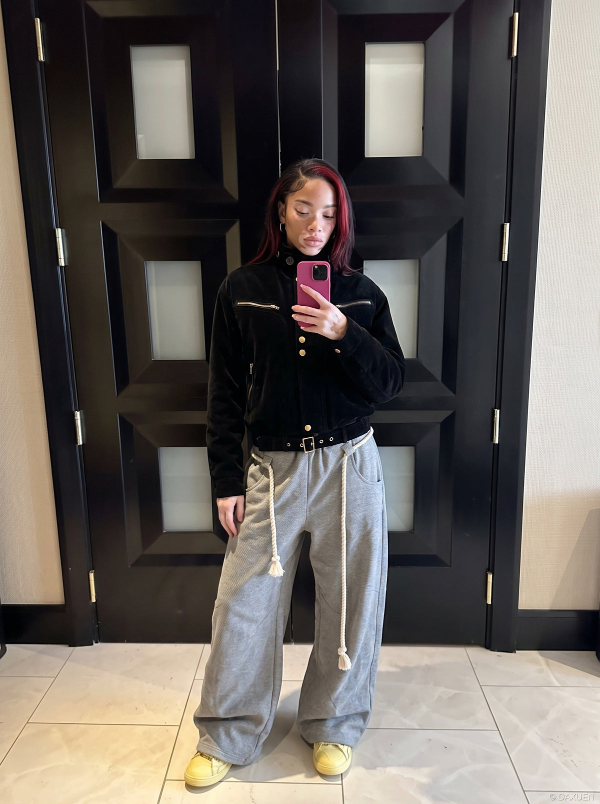 DAXUEN dark brown suede bomber jacket with metallic details — model photo