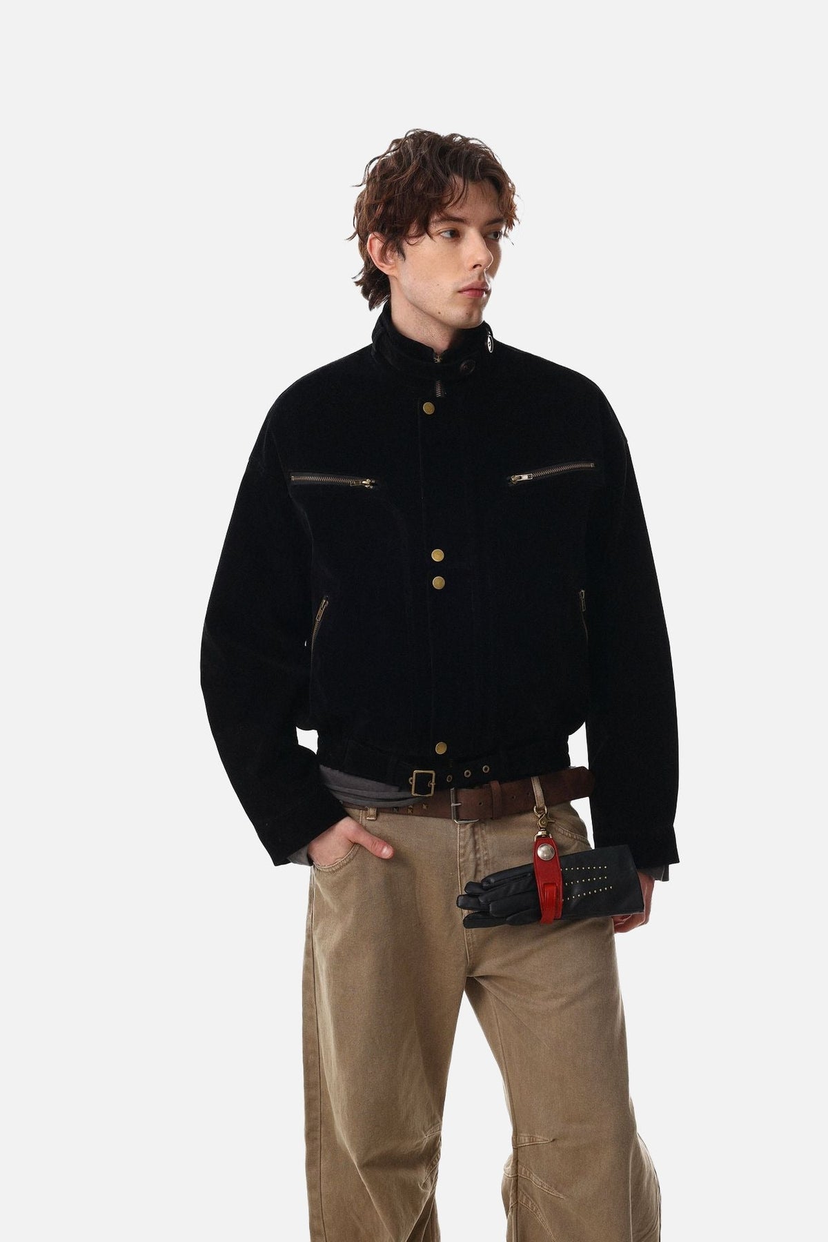 DAXUEN dark brown suede bomber jacket with metallic details