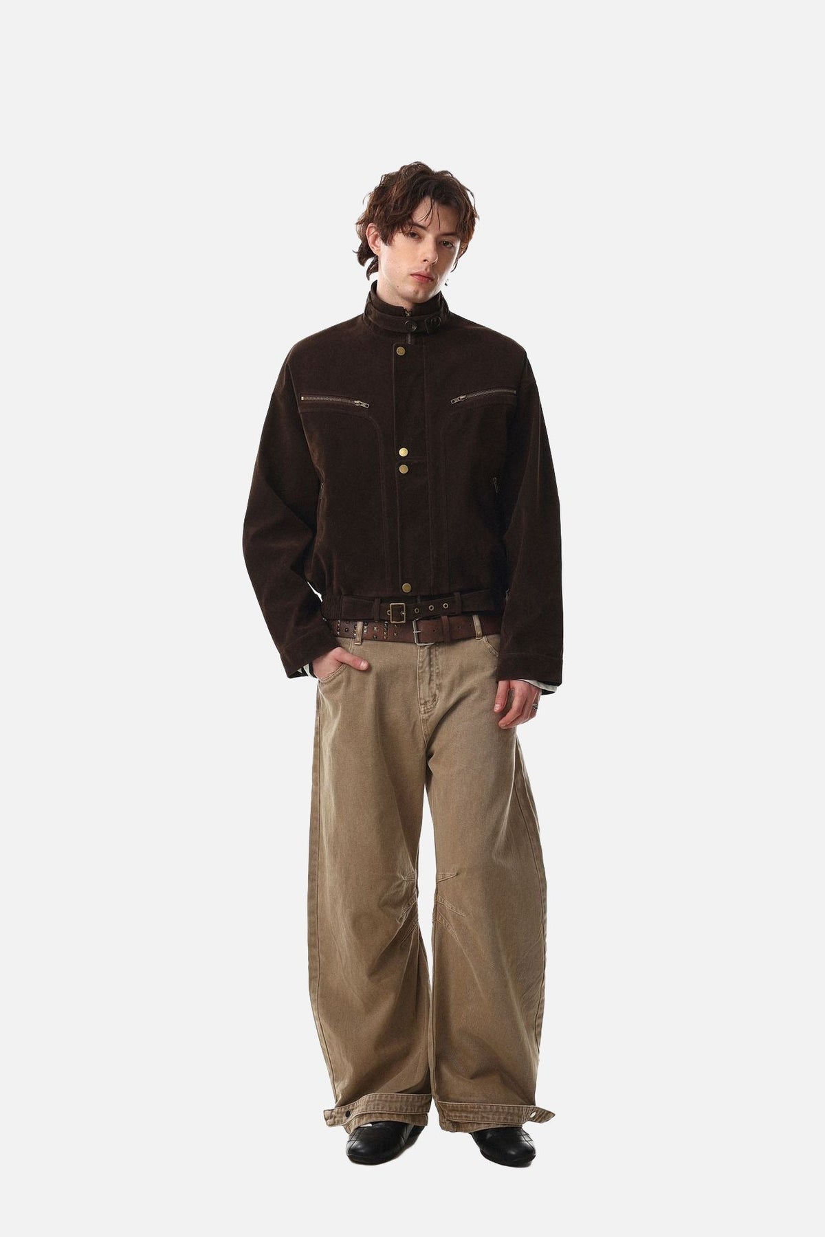 DAXUEN dark brown suede bomber jacket with metallic details