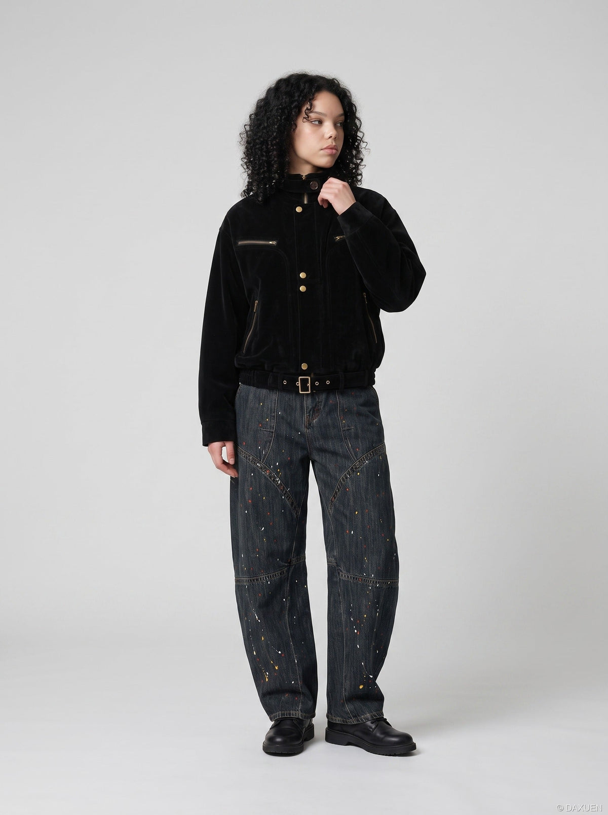 DAXUEN dark brown suede bomber jacket with metallic details — model photo