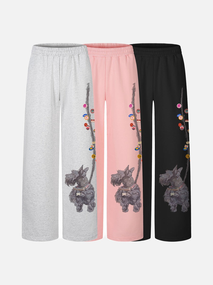 Textured Dog Graphic Wide-Leg Sweatpants