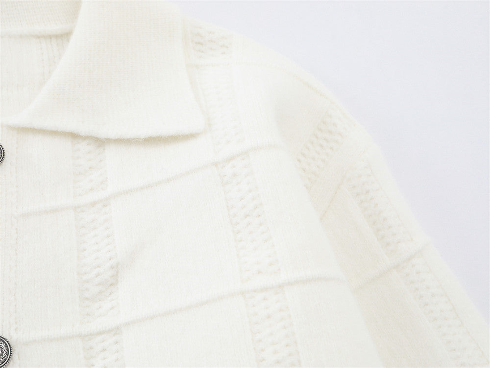 DAXUEN black textured grid pattern long-sleeve cardigan