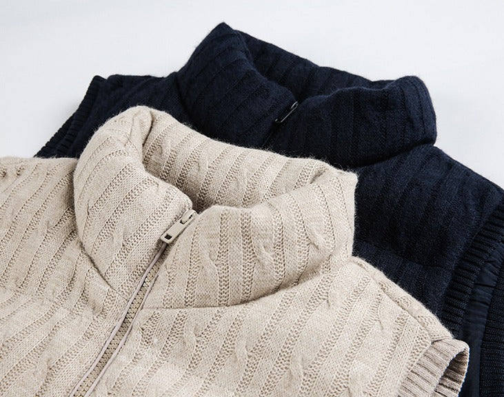 Textured Knit Padded Vest in Beige and Blue