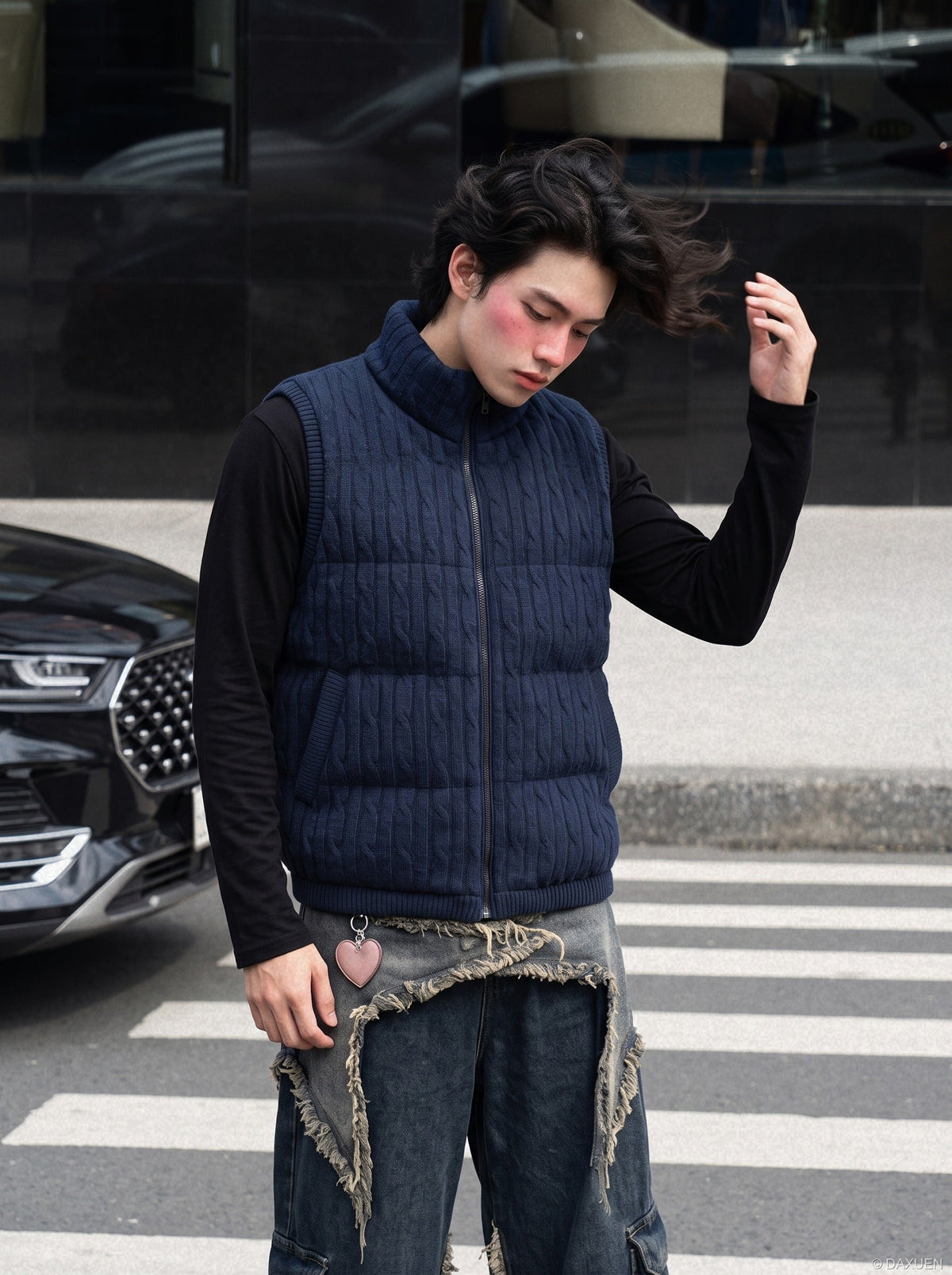 Textured Knit Padded Vest in Beige and Blue