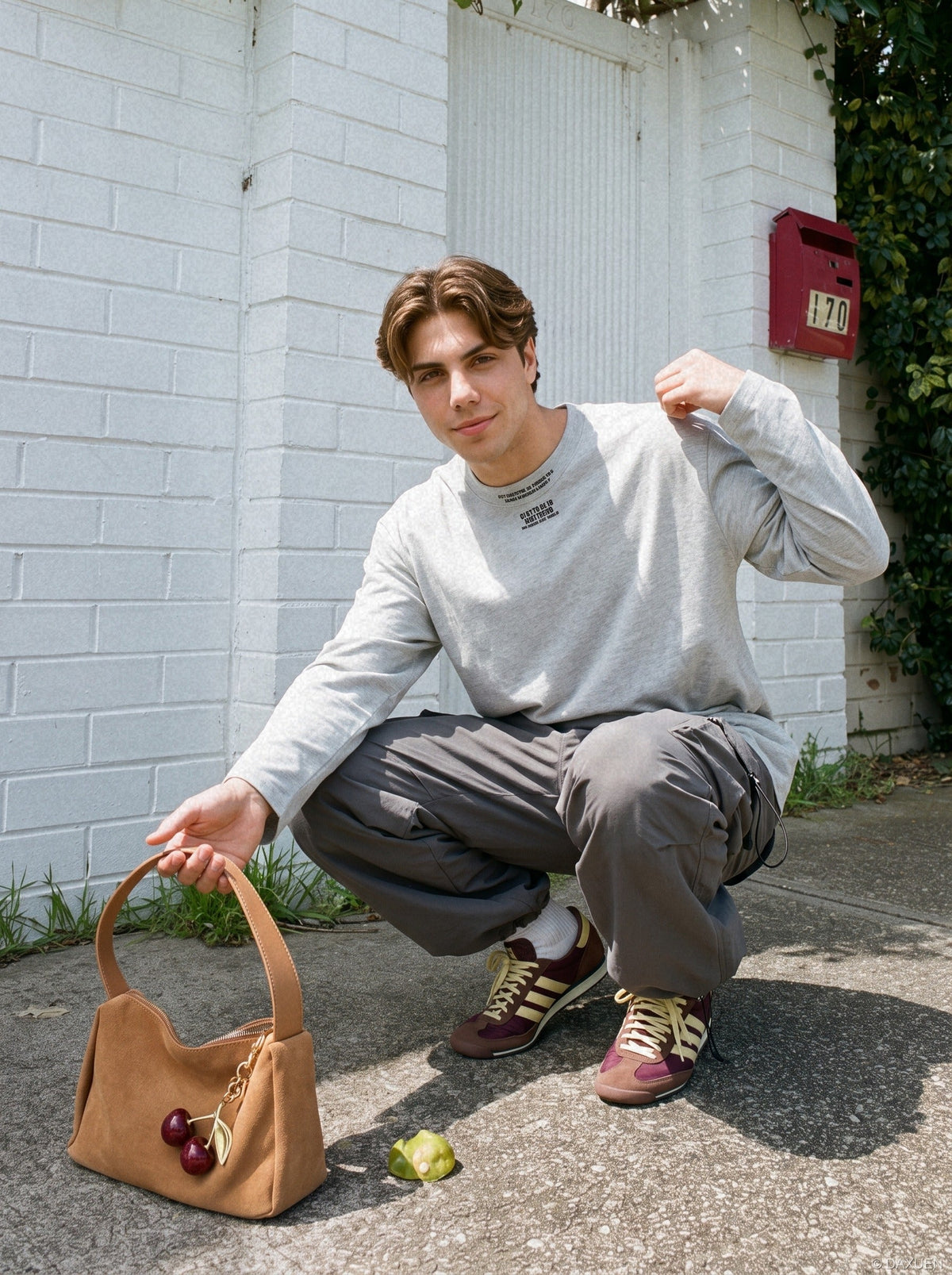 Textured Light Grey Graphic Long-Sleeve Tee