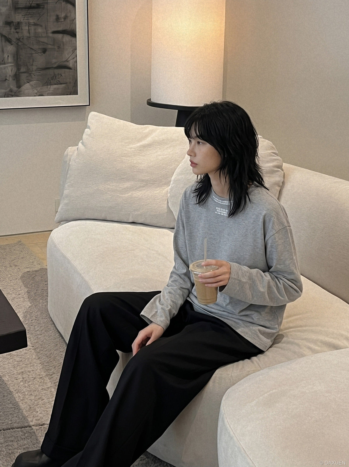 Textured Light Grey Graphic Long-Sleeve Tee