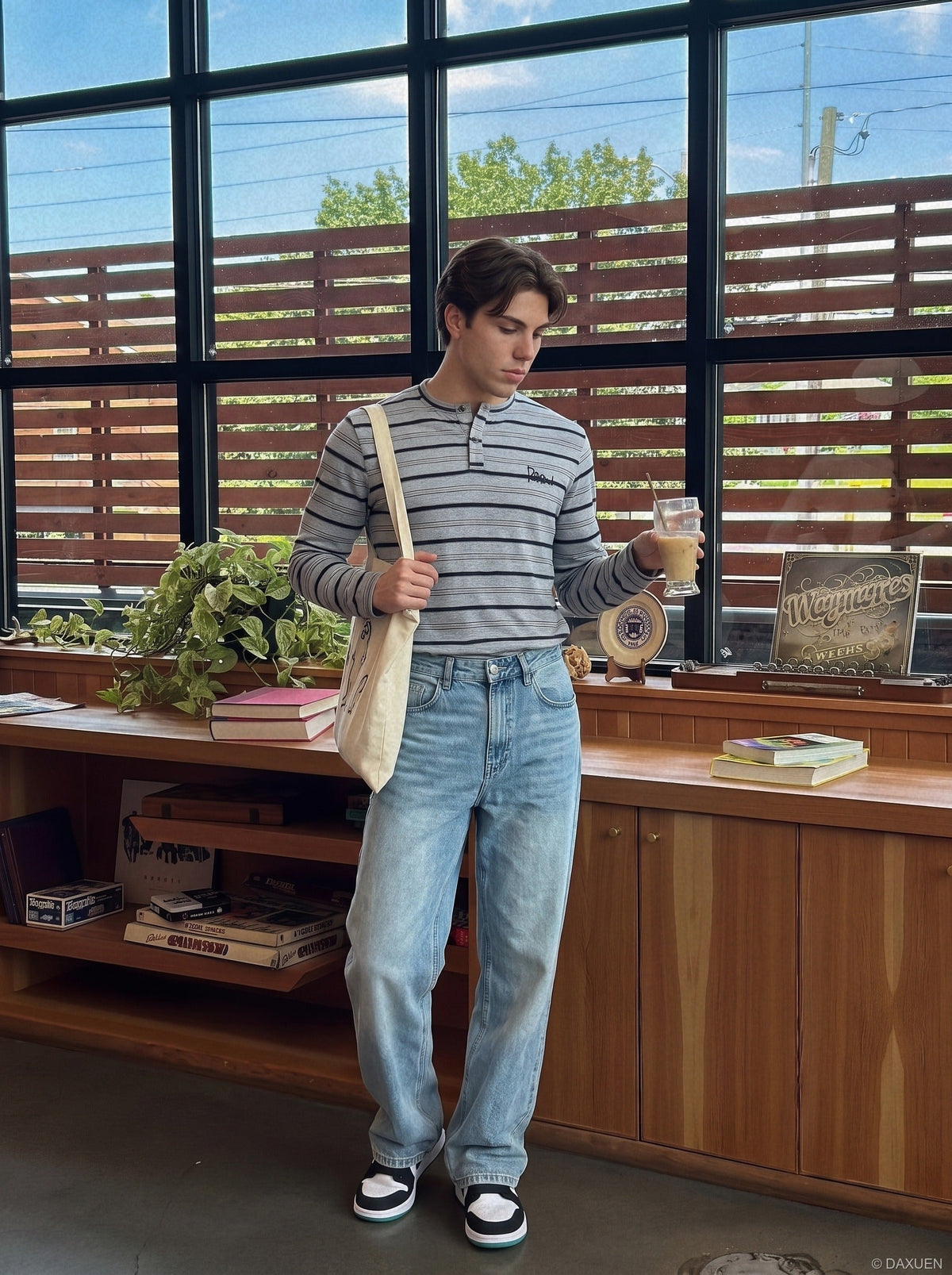 Textured Stripe Long-Sleeve Henley Shirt