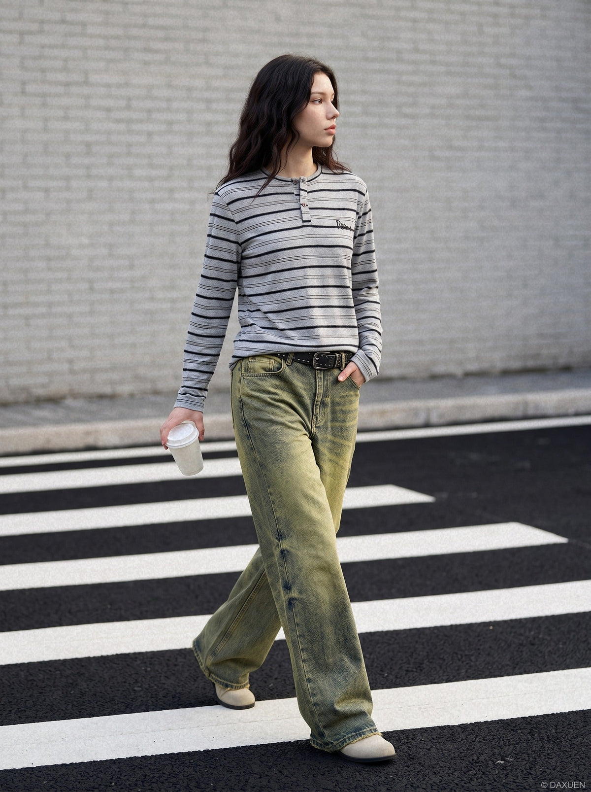 Textured Stripe Long-Sleeve Henley Shirt