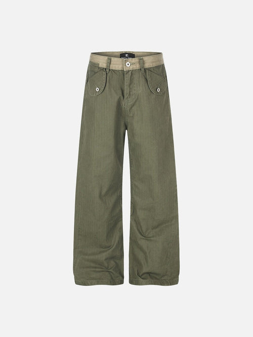 Textured Wide-Leg Trousers with Contrasting Waistband - Army Green / S
