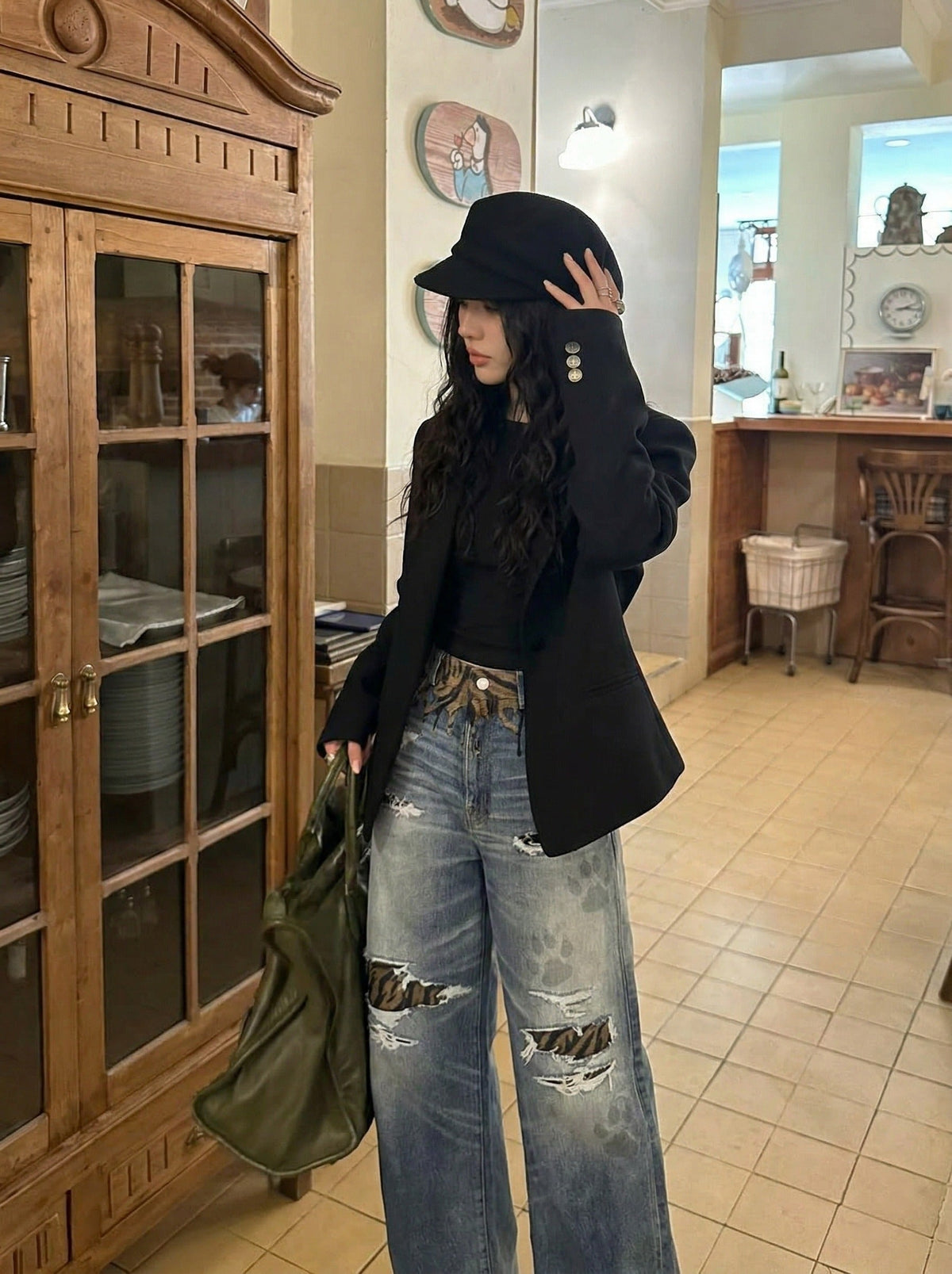 DAXUEN Distressed wide-leg jeans with tiger stripe pattern — model photo