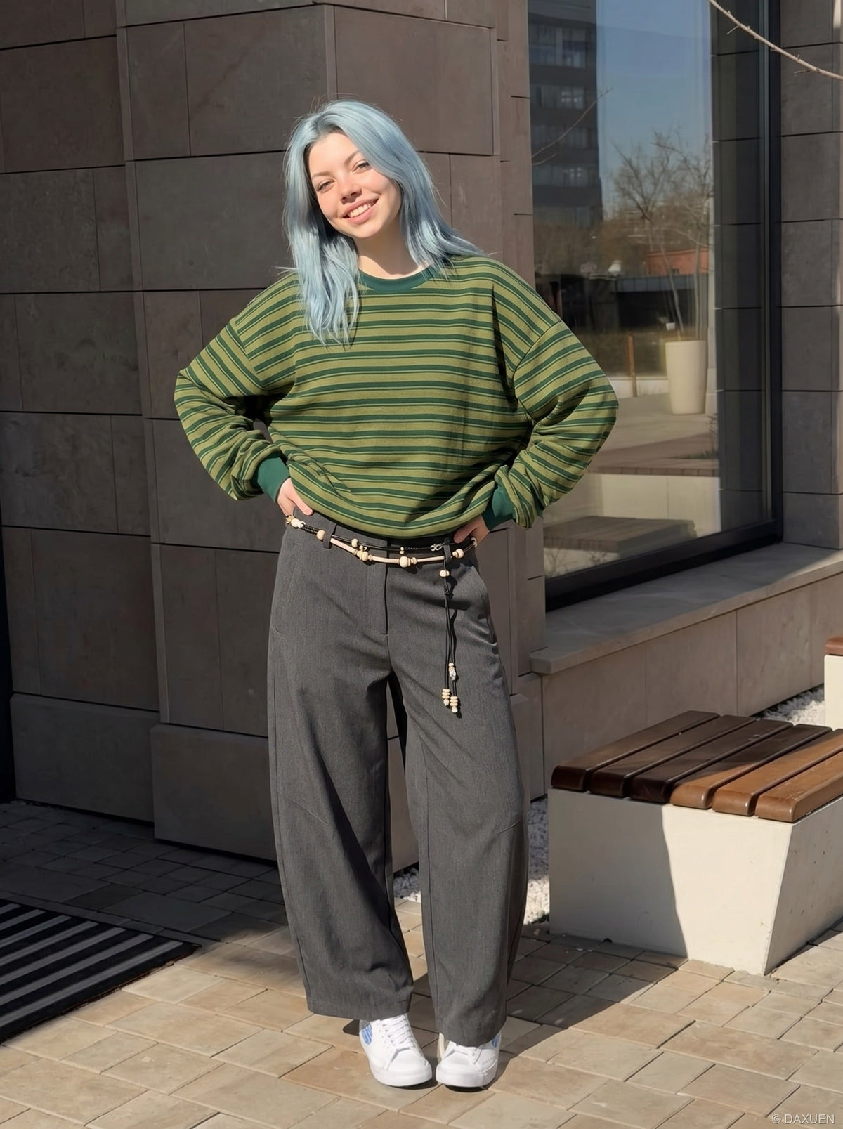 DAXUEN Wide-leg loose-fit trousers with decorative belt — model photo