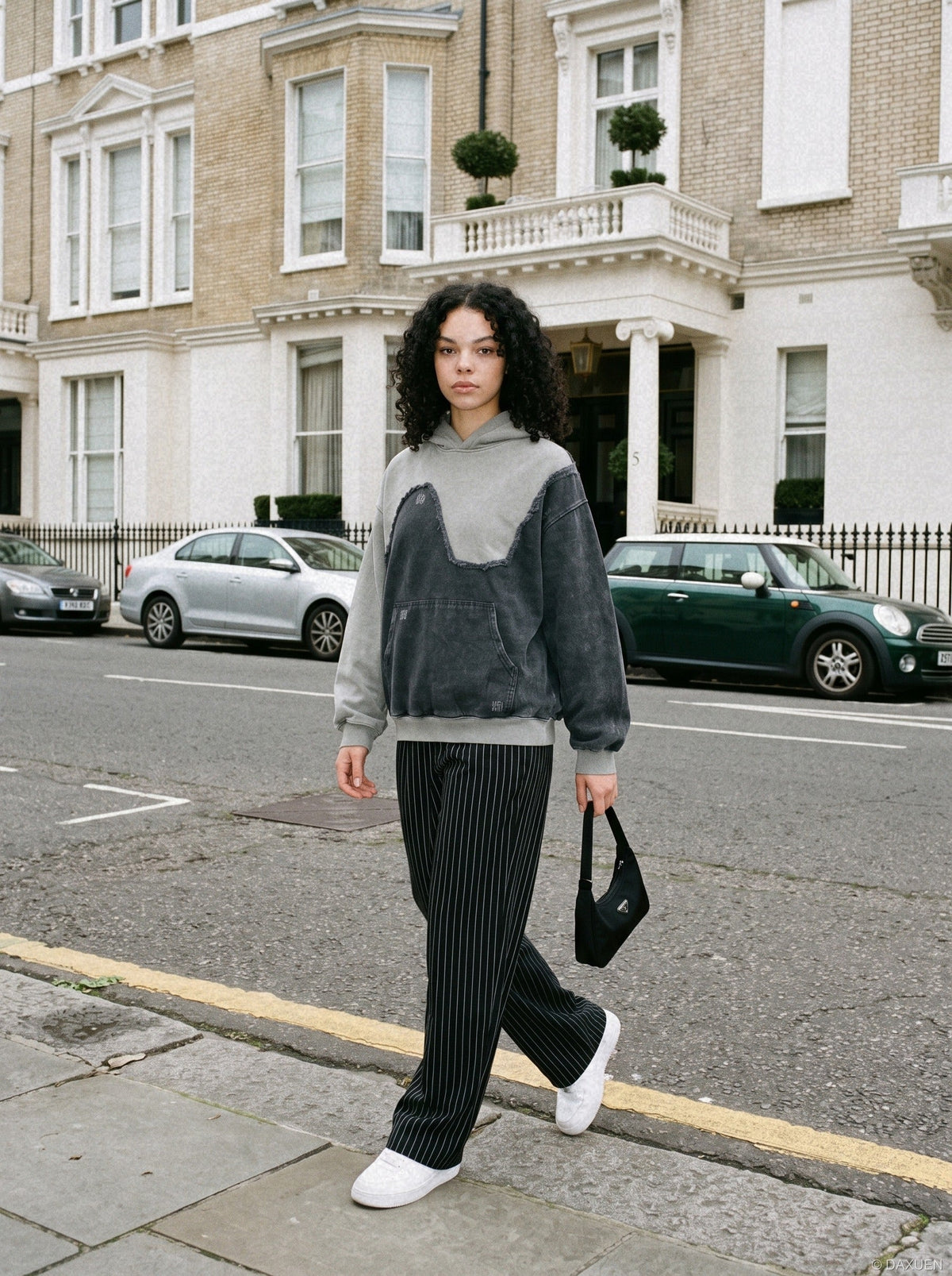 DAXUEN grey and charcoal two-tone acid-wash oversized hoodie — model photo